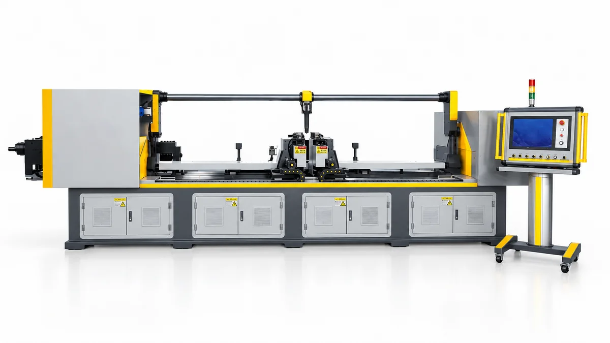 Double-head wire bending machine with dual forming heads and CNC control panel